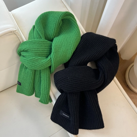 Pure Wool Knitted Scarf Thick Ribbed Warm Winter Neck Warmer Solid Color For Women Men