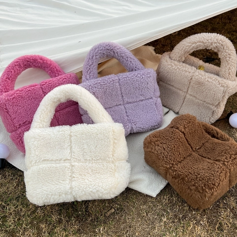 Plush Quilted Handbag Faux Lamb Wool Square Tote Bag Magnetic Closure Autumn Winter Versatile Soft For Women