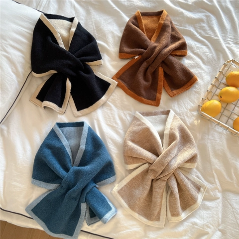 Bufanda De Punto Para Mujer Color De Contraste Calentador De Cuello Cruzado Cálido Invierno Suave Poliéster Punto Moda