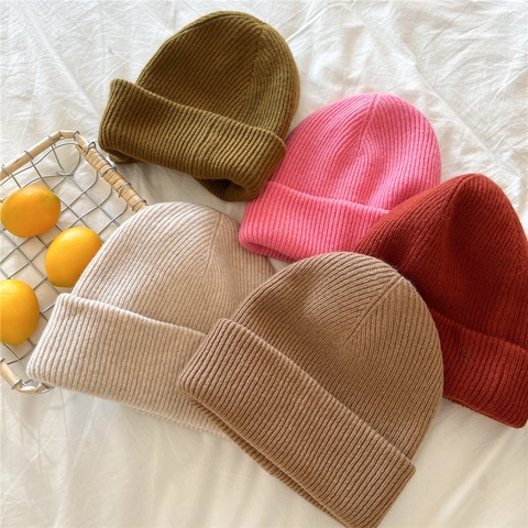 Gorro De Punto 100% Lana Color Sólido Acanalado Con Dobladillo Invierno Cálido Suave Gorra Simple Para Mujeres