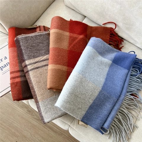 Sciarpa In Lana Donna Inverno Caldo Lungo Scialle Con Frange Elegante Righe 100 Per Cento Lana