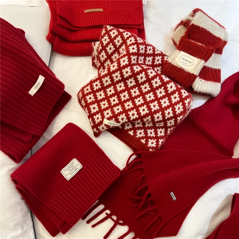 Red Wool Scarf Winter Thick Warm Knitted Solid Festive Christmas Gift Soft Long Tassel Neck Warmer For Women And Men