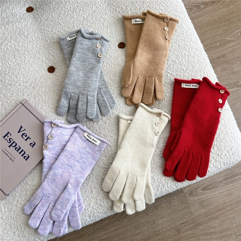 Women Winter Warm Knitted Gloves Thick Polyester Solid Color Elegant Button Decoration Full Finger Mittens