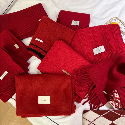 Red Wool Scarf Winter Thick Warm Knitted Solid Festive Christmas Gift Soft Long Tassel Neck Warmer For Women And Men