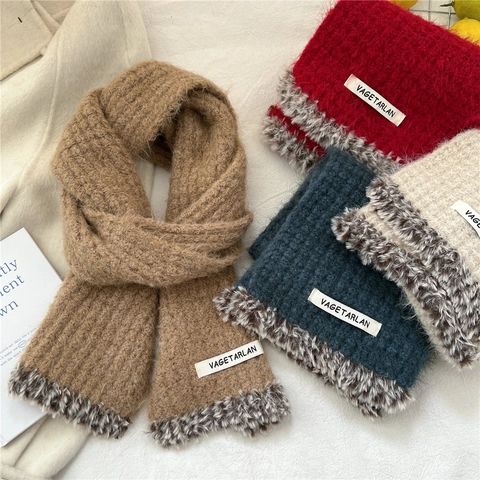 Knitted Winter Scarf For Women Soft Warm Solid Color Plush Faux Fur Trim Elegant Versatile Neckwear Accessory