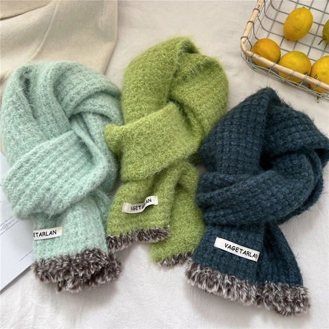 Knitted Winter Scarf For Women Soft Warm Solid Color Plush Faux Fur Trim Elegant Versatile Neckwear Accessory