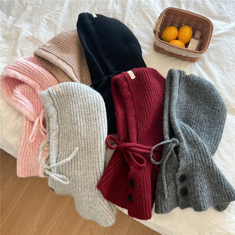 Pasamontañas De Punto Bufanda Con Capucha Para Mujer Invierno Cálido Gorro De Lana Con Botones Y Cordón Color Sólido