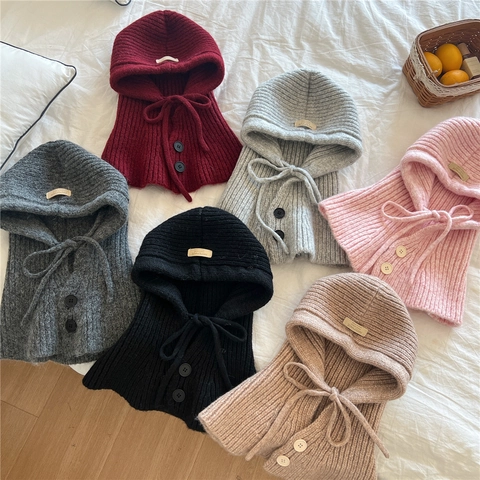 Pasamontañas De Punto Bufanda Con Capucha Para Mujer Invierno Cálido Gorro De Lana Con Botones Y Cordón Color Sólido