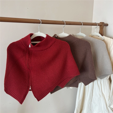Chal De Punto Capa Con Cremallera Lateral Cuello Alto Invierno Cálido Color Sólido Poncho Asimétrico Para Mujeres