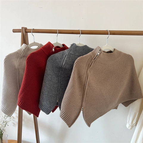 Chal De Punto Capa Con Cremallera Lateral Cuello Alto Invierno Cálido Color Sólido Poncho Asimétrico Para Mujeres