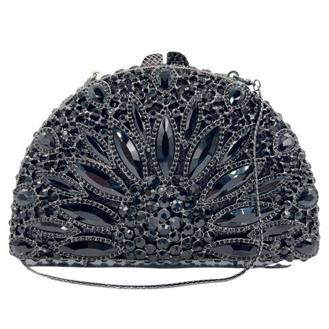 Luxe Avondtas Zwarte Strass Kristal Legering Uitgehold Waaiervorm Met Ketting Voor Feest Bruiloft Handtas