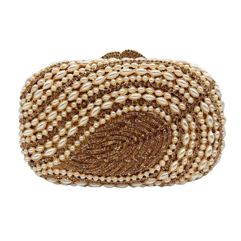 Bolso De Noche De Lujo Clutch Perla Artificial Diamante De Imitación Patrón De Hoja Hueca Cadena De Metal Para Boda Banquete Fiesta