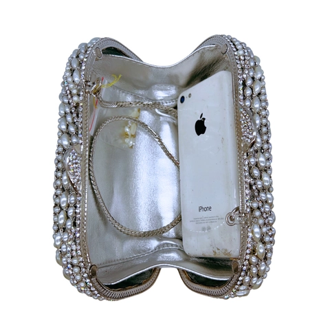 Bolso De Noche De Lujo Clutch Perla Artificial Diamante De Imitación Patrón De Hoja Hueca Cadena De Metal Para Boda Banquete Fiesta