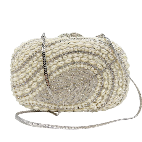 Elegante Pochette Da Sera Per Donna Strass Künstliche Perle Artificiali Motivo Foglia Svuotata Matrimonio Festa Banchetto Con Catena