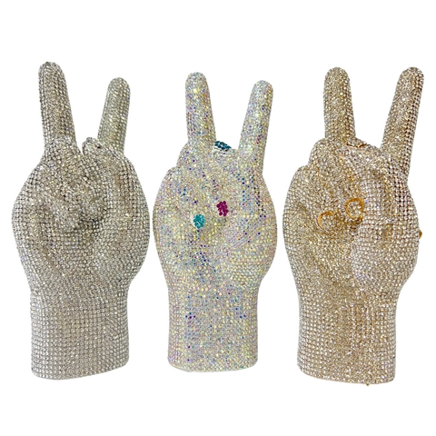 Victory Hand Gesture Evening Bag Full Rhinestone Crystal Peace Sign Clutch Metallic Chain Luxury Party Handbag