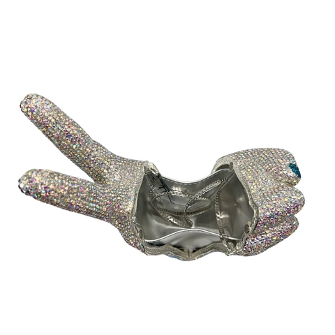 Victory Hand Peace Sign Evening Clutch Bag Rhinestone Crystal Shimmering Party Handbag Luxury Alloy With Metal Chain