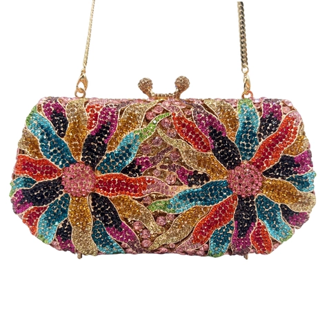 Pochette Da Sera Di Lusso Con Strass Floreali Lega Cristallo Guscio Rigido Borsa Da Festa Con Catena In Metallo Rimovibile