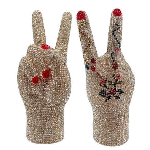 Victory Hand Peace Sign Evening Clutch Bag Rhinestone Crystal Shimmering Party Handbag Luxury Alloy With Metal Chain