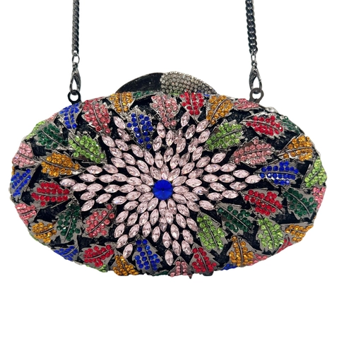Luxury Oval Women Evening Clutch Bag Rhinestone Inlaid Floral Leaf Pattern Alloy Metal Frame Handbag With Chain Shoulder Strap