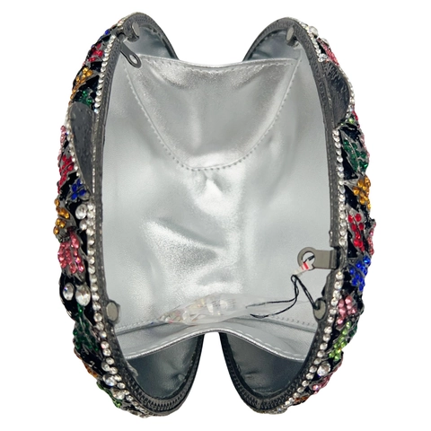 Luxury Oval Women Evening Clutch Bag Rhinestone Inlaid Floral Leaf Pattern Alloy Metal Frame Handbag With Chain Shoulder Strap