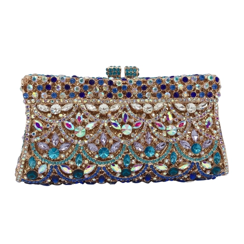 Pochette Da Sera Con Strass Design A Squame Di Pesce In Metallo Porcellana Blu E Bianca Da Donna Con Catena