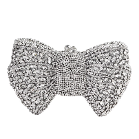 Bow Shape Rhinestone Evening Clutch Bag Crystal Banquet Party Formal Handbag Shiny Metal Chain Strap