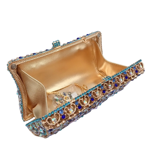 Pochette Da Sera Con Strass Design A Squame Di Pesce In Metallo Porcellana Blu E Bianca Da Donna Con Catena