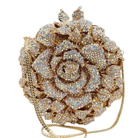 Rose Flower Evening Clutch Bag Metal Rhinestone Hollow Out Crystal Formal Wedding Party Banquet Purse Women