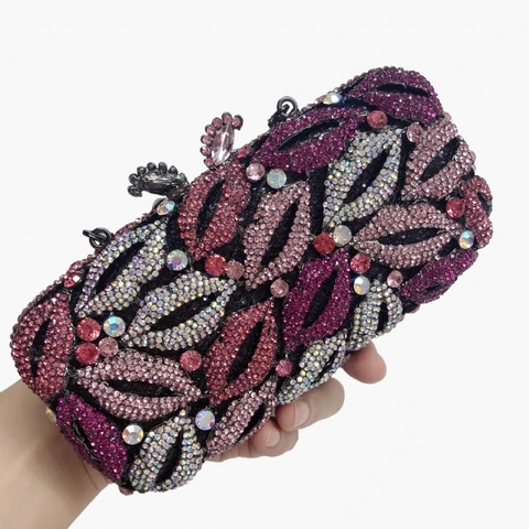 Luxus Abend Clutch Tasche Mit Strass Lip Muster Metall Hard Shell Party Handtasche Mit Kettengurt