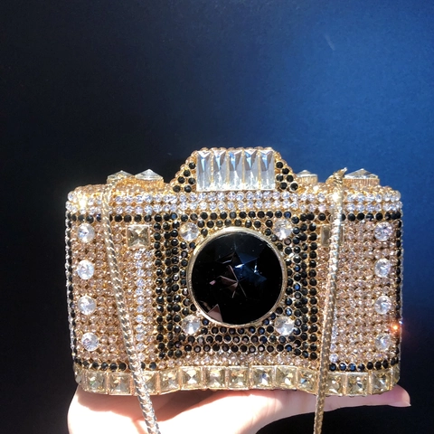 Camera Shaped Rhinestone Evening Clutch Bag Alloy Crystal Novelty Party Handbag Wedding Purse With Detachable Chain Strap