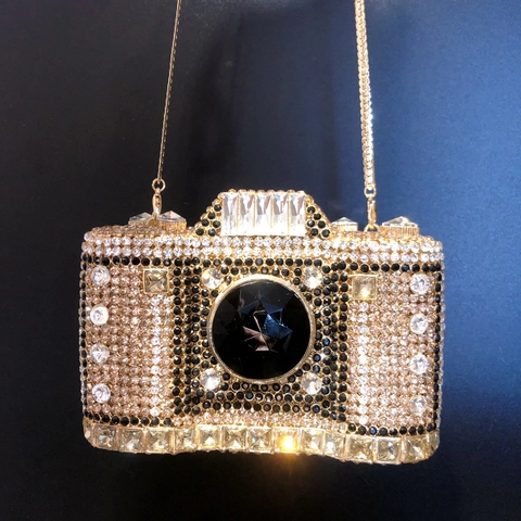 Luxe Camera Vorm Avondtas Legering Strass Kristal Ingelegd Nieuwigheid Harde Schaal Clutch Met Ketting Dames Feest