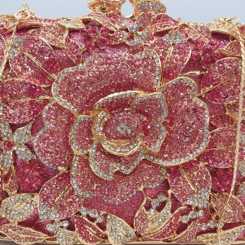 Rose Flower Rhinestone Evening Bag Metal Hollow Crystal Hard Shell Clutch Purse For Women With Chain Strap