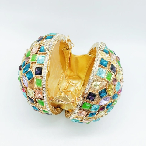 Borsa Sera Sfera Strass Cristallo Incastonato Cavo Tondo Metallo Clutch Donne Banchetto Festa Matrimonio Catena Metallica