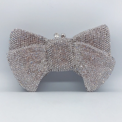 Bow Knot Evening Clutch Bag Rhinestone Metal Hard Shell For Wedding Party Banquet With Detachable Chain Strap
