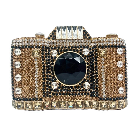 Camera Shaped Rhinestone Evening Clutch Bag Alloy Crystal Novelty Party Handbag Wedding Purse With Detachable Chain Strap