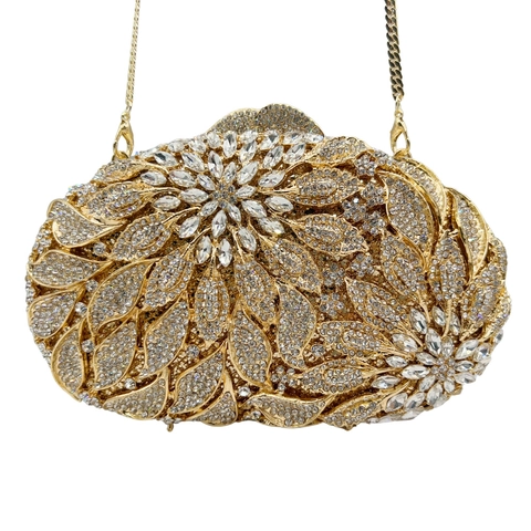 Pochette De Soirée Strass Motif Feuille Fleur Métal Coque Rigide Cristal Mariage Fête Pour Femmes Avec Chaîne