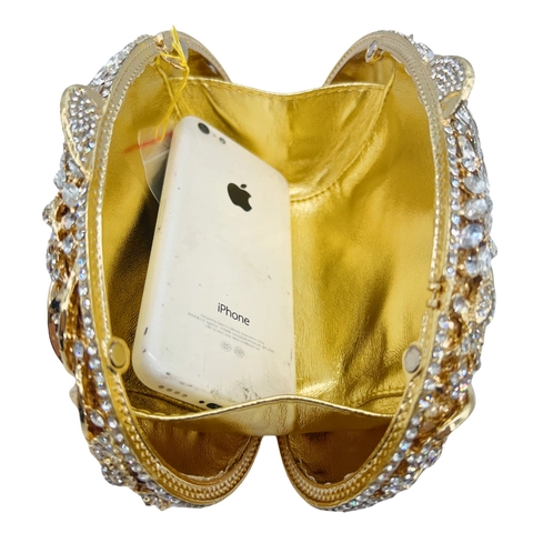 Pochette De Soirée Strass Motif Feuille Fleur Métal Coque Rigide Cristal Mariage Fête Pour Femmes Avec Chaîne