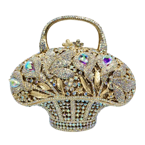 Flower Basket Evening Bag Rhinestone Metal Hollow Handheld Clutch For Women Wedding Party Banquet Elegant Luxury