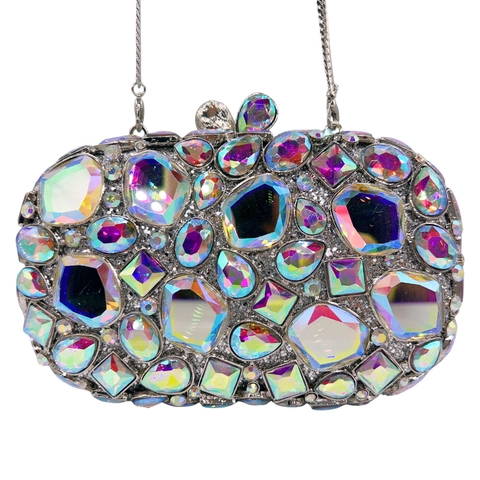 Luxury Rhinestone Evening Clutch Bag Iridescent Crystal Metal Frame Chain Shoulder Purse For Wedding Party Banquet