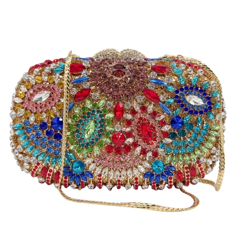 Luxus Abendtasche Clutch Mit Bunten Strasssteinen Blumenmuster Metalllegierung Hardcase Hochzeit Party Handtasche
