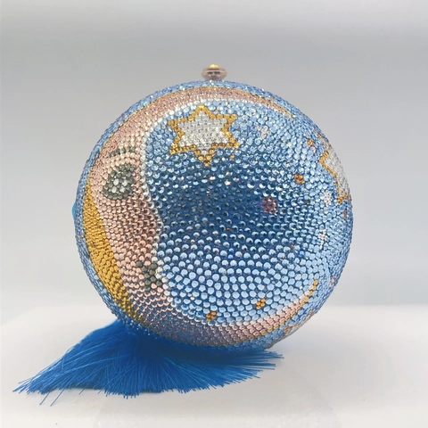 Pochette De Soirée Sphérique En Strass Motif Lune Étoile Avec Pompon Chaîne Métallique Sac À Main De Luxe Pour Femmes