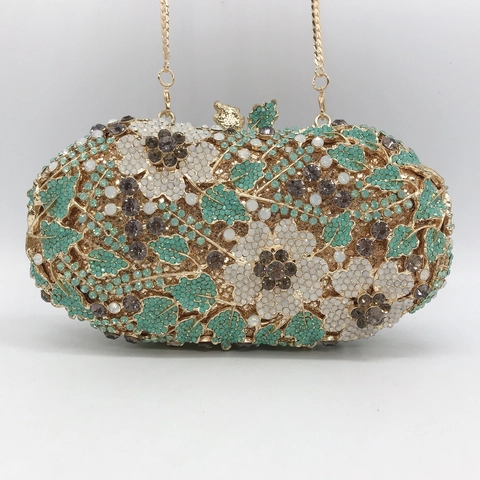 Luxus Floral Strass Abend Clutch Tasche Metall Hartschale Kristall Party Geldbörse Mit Kette Für Damen