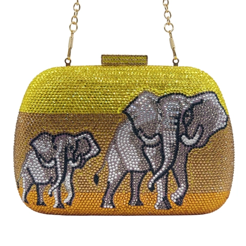 Pochette De Soirée En Strass Motif Éléphant Cristal Coque Rigide Style Ethnique Sac À Main Avec Chaîne Dorée Pour Femmes