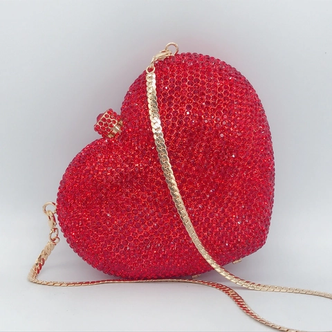Heart Shaped Evening Clutch Bag Metal Frame Full Rhinestone Crystal Party Wedding Banquet Formal Chain Strap