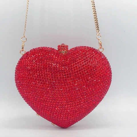 Heart Shaped Evening Clutch Bag Metal Frame Full Rhinestone Crystal Party Wedding Banquet Formal Chain Strap