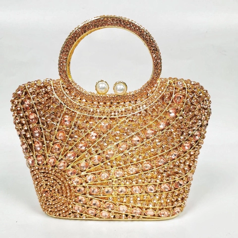 Luxury Rhinestone Evening Clutch Bag For Women Metal Frame Fan Pattern Crystal Handbag With Round Handle Artificial Pearl Clasp