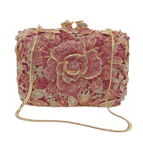 Luxus Rose Blume Abend Clutch Tasche Strass Kristall Metallrahmen Hochzeit Bankett Party Handtasche Für Damen