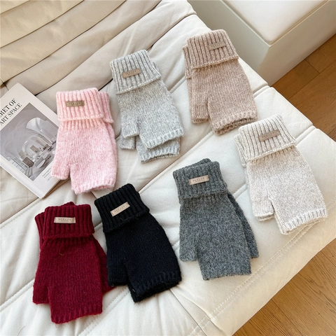 Fingerless Knitted Gloves Winter Warm Half Finger Arm Warmers With Leather Label Solid Color For Women Typing Driving