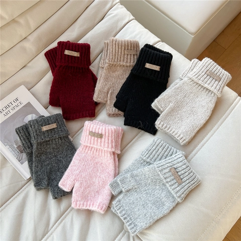 Fingerless Knitted Gloves Winter Warm Half Finger Arm Warmers With Leather Label Solid Color For Women Typing Driving
