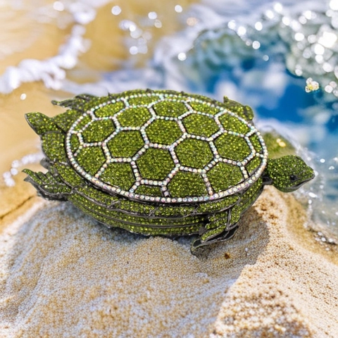 Sea Turtle Shape Evening Clutch Bag Sparkling Rhinestone Encrusted Hollow Metal Frame Banquet Party Handbag With Chain